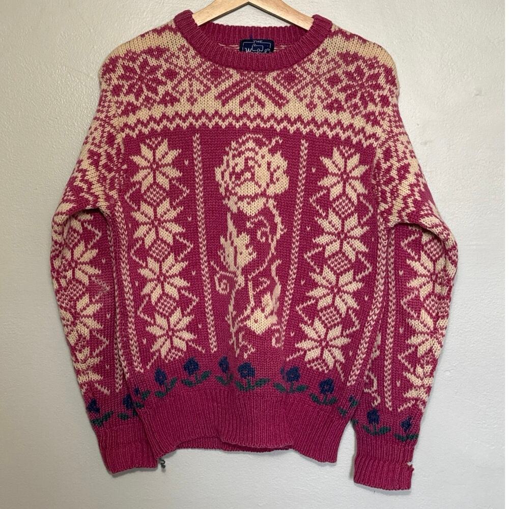 Women's Size M Woolrich Woman Pink & White Wool Mohair Floral Rose Sweater
